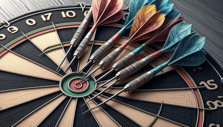 Darts arrows in the center of dartboard. 3d illustration.