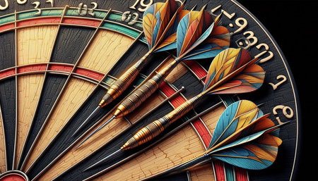Darts board with arrows in the center. 3D illustration.