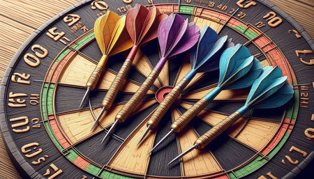 Dartboard with darts on wooden background, closeup. Success concept