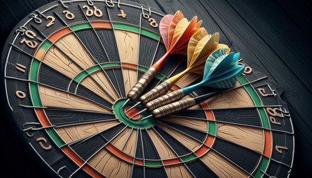 Darts arrows in the center of dartboard on black background.