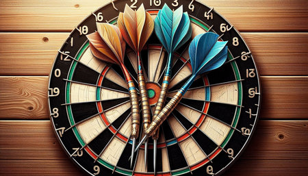 Dartboard and darts on wooden background. 3d illustration.