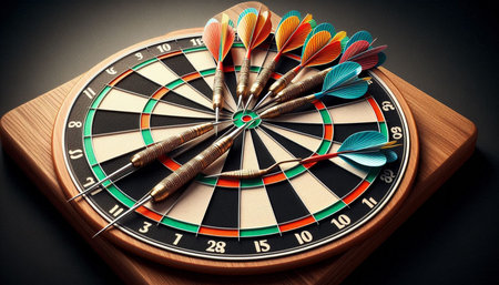 Darts arrows in the target center of dartboard. 3d rendering
