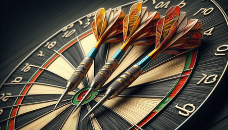 Darts arrows on the center of dartboard. 3d rendering