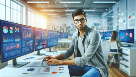 Portrait of young handsome businessman in casual clothes working on desktop computer while sitting...