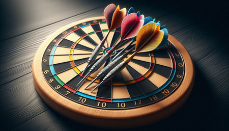 Dartboard with darts on wooden background. 3d illustration.