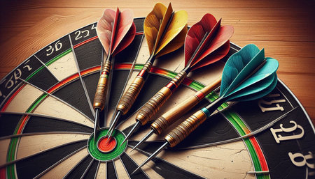 Darts arrows hitting the center of dartboard. 3D illustration.