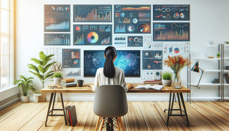 Back view of young businesswoman sitting in modern office interior with computer monitors on wall....