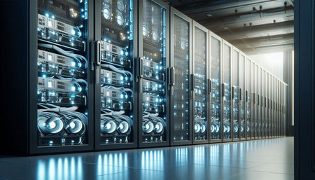 server room data center with rows of hard drives 3d rendering image