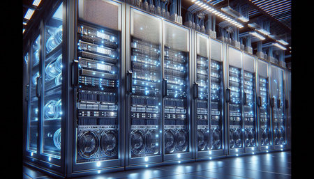 Network servers in data room Domestic Room. 3D rendering. Computer digital image.