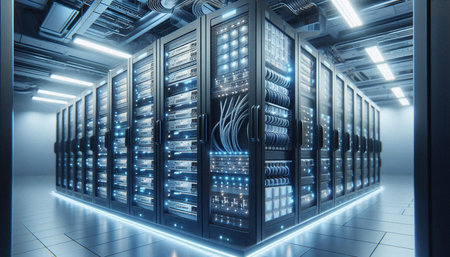 3D rendering server room data center with racks for storing and accessing data