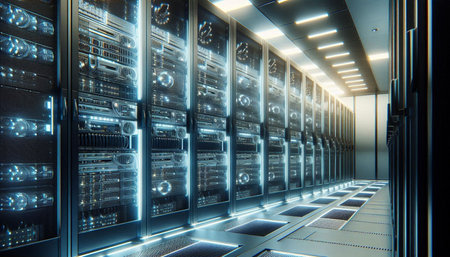 3d render of server room data center with rows of hard drives
