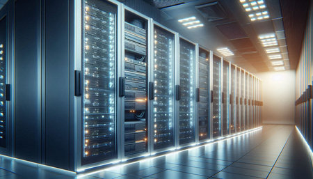 hardware in internet data center room. 3D rendering and toned image