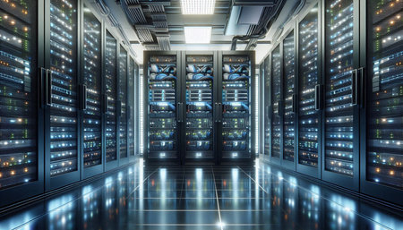 Server room data center. Backup, mining, hosting, mainframe and computer rack with storage...