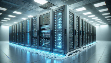 Server room data center. Backup, mining, hosting, mainframe, farm and computer rack with storage...