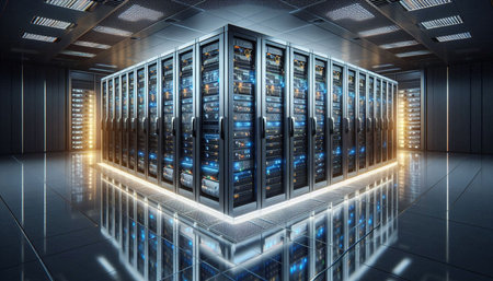 Server room data center. 3d rendering toned image double exposure