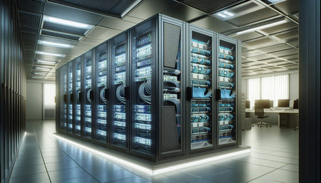 Server room data center. Backup, mining, hosting, mainframe, farm and computer rack. 3d render