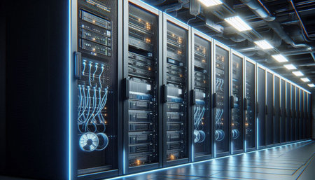 server room data center with blue lights 3d rendering image background.