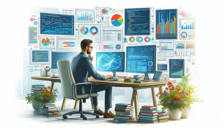 Conceptual image of businessman in office looking at charts and graphs
