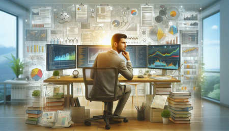 Businessman in modern office working on computer monitors. 3D rendering