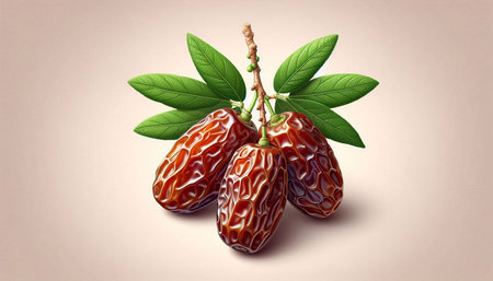 Dates fruit with leaves on a light background. Vector illustration.