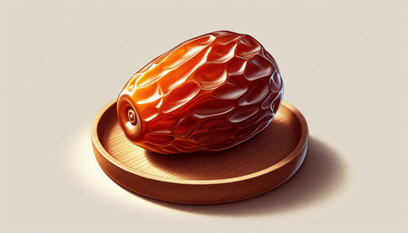 Date fruit on a wooden plate. 3D illustration. Copy space.