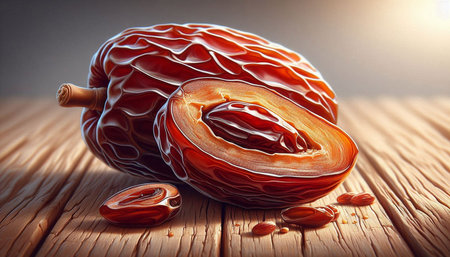 dried date palm fruit on wooden table. 3d illustration.