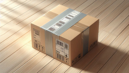 3d rendering of a cardboard box on a wooden floor background.