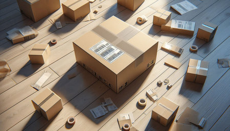 Cardboard boxes on a wooden floor, 3d rendering. Computer digital drawing.