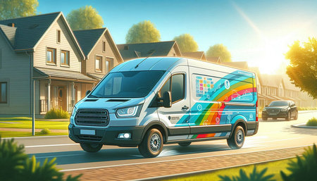 Delivery Van on the street. 3D rendering. Elements of this image furnished by NASA