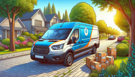 Blue delivery van with boxes on the road in the garden. Vector illustration.