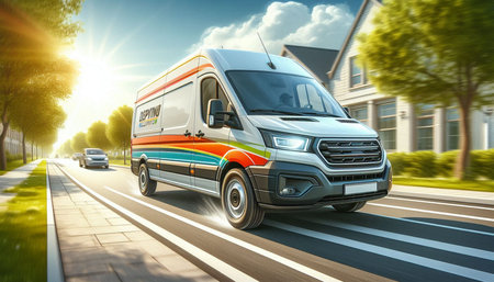 Delivery van on the road. 3d illustration. High resolution image.