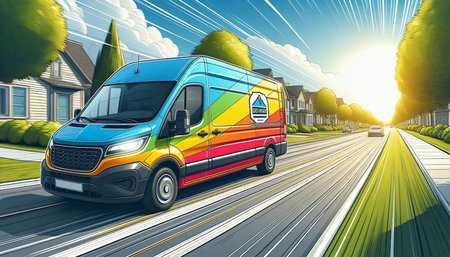 Van on the road with houses in the background - 3d illustration