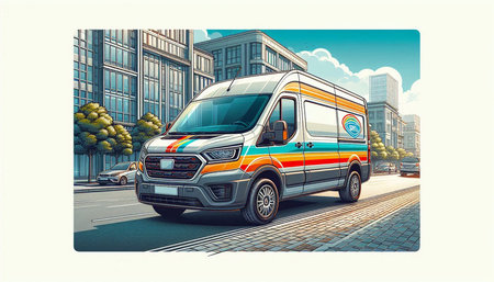 Modern commercial delivery van on the city street. 3d illustration.