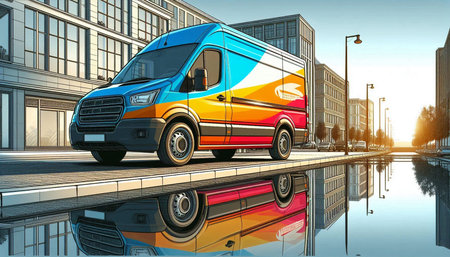 Modern commercial delivery van on the city street. 3D illustration.