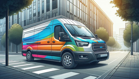 Van on the city street. 3D rendering. High resolution image.