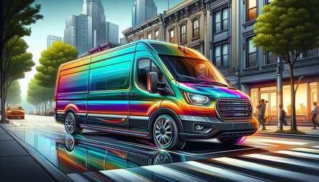 Modern van on the city street. 3D rendering. Computer digital drawing.