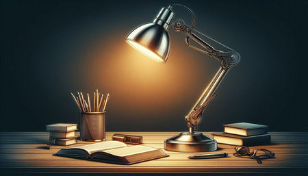 Table lamp and books on wooden table. Education concept. 3D Rendering