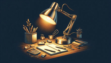 Desk with lamp and office supplies, 3D rendering. Computer digital drawing.