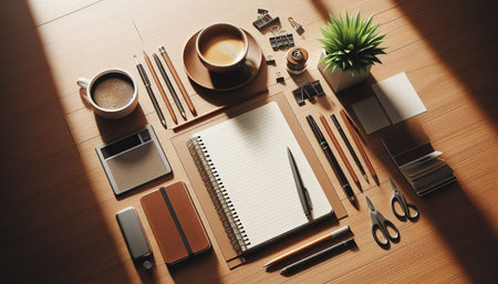 Top view of modern workplace with stationery and cup of coffee on wooden table