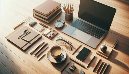 Top view of modern workplace with laptop, coffee cup, stationery and other items. Mock up