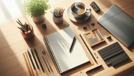 Top view of wooden office desktop with blank notepad, coffee cup and other items. Mock up