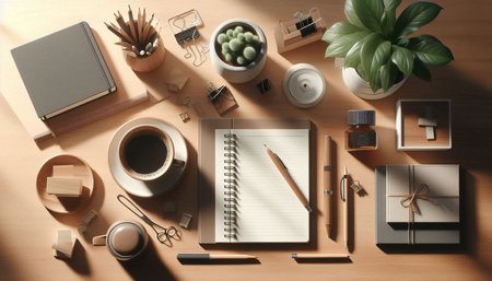 Flat lay composition with stationery on wooden table, top view