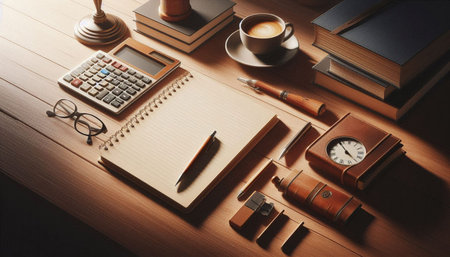 Office table with notepad, calculator, coffee cup and other objects