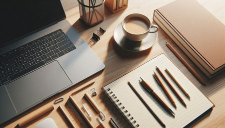 Top view of modern workspace with laptop, coffee cup, stationery and other items. Mock up