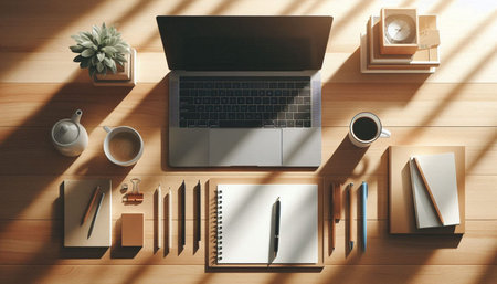 Top view of modern workplace with laptop, stationery and coffee cup on wooden table. Workplace...