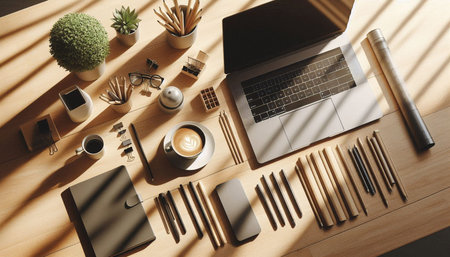 Top view of modern workplace with laptop, stationery and coffee cup on wooden table