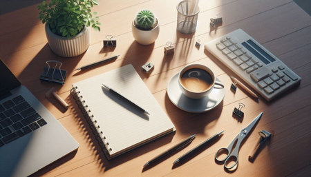 Workplace with laptop, coffee cup and other office supplies on wooden table