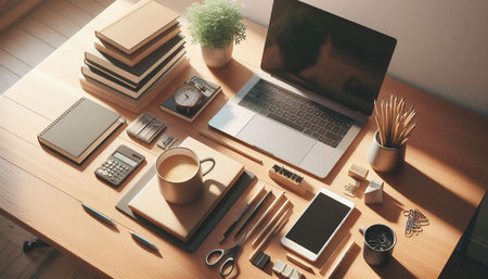 Top view of modern workplace with laptop, coffee cup, stationery and other items. Mock up