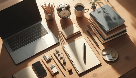 Top view of modern workplace with laptop, stationery and coffee cup