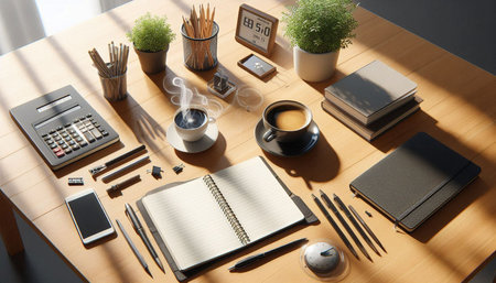 Office workplace with stationery and cup of coffee on wooden table, closeup